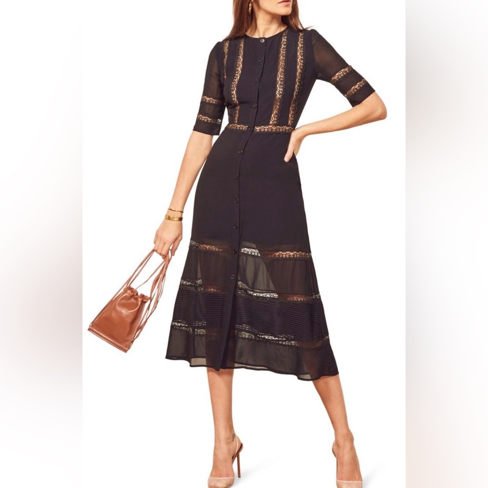 Reformation Surrey Black Lace Georgette Midi Dress Size 8 NWT (RUNS SMALL) - Picture 3 of 15